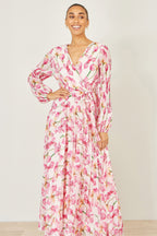 Yumi White Orchid Floral Pleated Wrap Maxi Dress