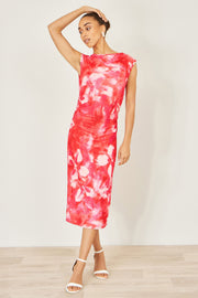Yumi Red  Mesh Ruched Bodycon Midi Dress