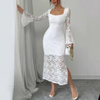 Fashionable Lace-Patchwork Square-Neck Flared-Sleeve Bodycon Dress