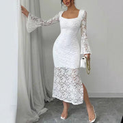 Fashionable Lace-Patchwork Square-Neck Flared-Sleeve Bodycon Dress
