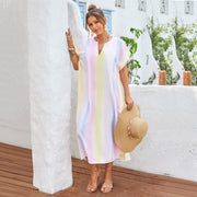 Beach Cover-up Rainbow Color Long Slit V-neck