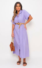 Button Down Collared Short Sleeve Midi Dress with Belt Detail