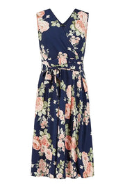 Mela Navy Rose Printed Wrap Over Sleeveless Skater Dress
