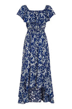 Mela Blue Ditsy Print Bardot Dipped Hem Dress