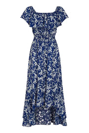 Mela Blue Ditsy Print Bardot Dipped Hem Dress