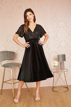 Yumi Black Embellished Velvet Wrap Skater Midi Dress