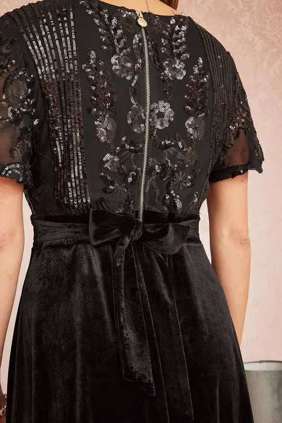 Yumi Black Embellished Velvet Wrap Skater Midi Dress