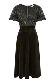 Yumi Black Embellished Velvet Wrap Skater Midi Dress