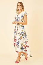 Mela Ivory Floral Wrap Dip Hem Dress