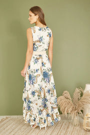 Yumi Premium Ivory Floral Print Broderie Anglaise Cotton Dip Hem Midaxi Dress