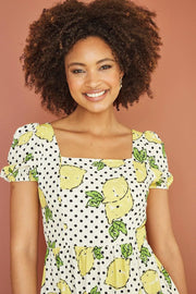 Mela White Viscose Lemon Print Skater Dress With Balloon Sleeves