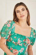 Yumi Green Recycled Floral Print Square Neck Maxi Dress With Split Hemline