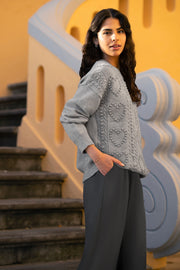 Yumi Grey Heart Knit Relaxed Jumper