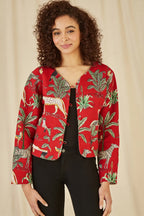 Yumi Red Animal Print Reversible Cotton Cropped Quilted Jacket