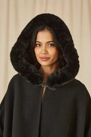 Yumi Black Cape With Luxe Fur Trim And Lining
