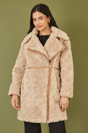 Yumi Brown Textured Borg Long Line Biker Coat