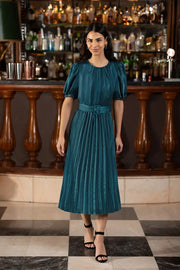 Yumi Green Satin Striped Midi Dress With Pleats and Matching Belt