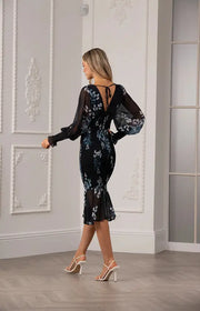 Yumi Urban Touch Navy Floral Print Bodycon Style Long Sleeve Dress