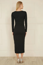 Yumi Black Midi Fitted Stretch Dress With Knot Detail