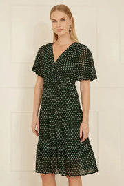 Yumi Black Dot Print Mesh Stretch Midi Skater Dress