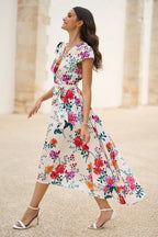 Yumi Ivory Flower Print Wrap Midi Dress