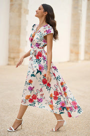 Yumi Ivory Flower Print Wrap Midi Dress