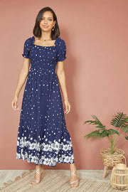 Yumi Navy Spot And Floral Print Border Ruched Midi Dress