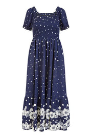 Yumi Navy Spot And Floral Print Border Ruched Midi Dress