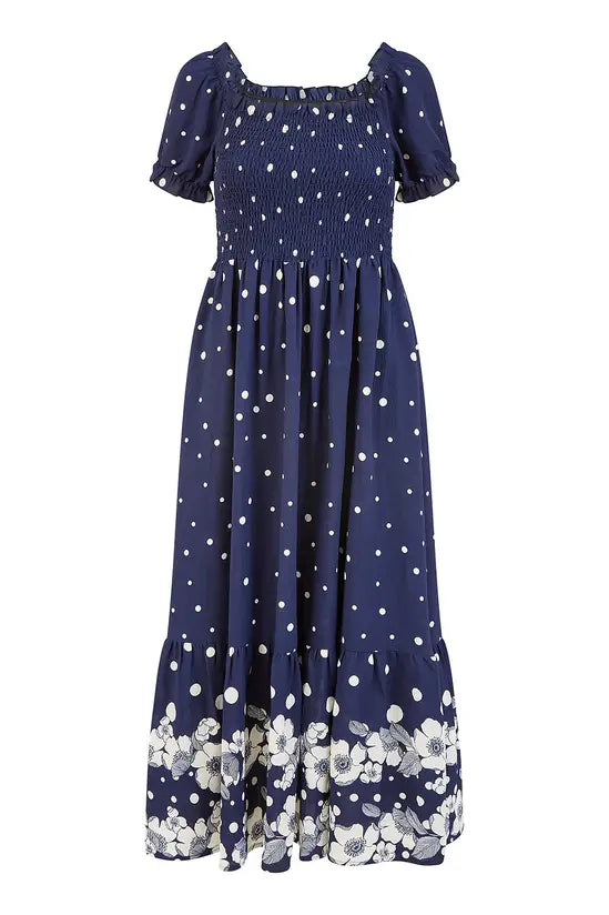 Yumi Navy Spot And Floral Print Border Ruched Midi Dress