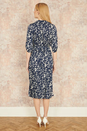 Yumi Navy Floral Print Pleated Skater Dress With Buckle