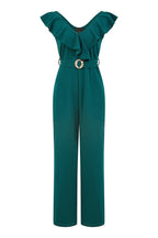 Yumi Green Jumpsuit With Gold Buckle and Frill Detail