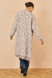 Yumi Beige Animal Intarsia Long Cardigan