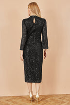 Yumi Black Sequin Fitted Midi Dress With Flute Sleeves