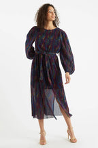 Louche Roza Plisse Foil Print V Back Midi Dress