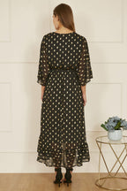 Yumi Black Foil Print Wrap Over Dip Hem Midi Dress