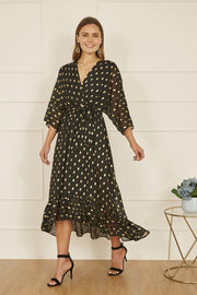Yumi Black Foil Print Wrap Over Dip Hem Midi Dress