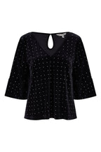 Yumi Black Stud Velvet Relaxed Fit Top With Fluted Sleeves