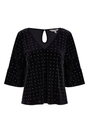 Yumi Black Stud Velvet Relaxed Fit Top With Fluted Sleeves