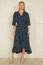 Yumi Navy Foil Print Wrap Over Dip Hem Midi Dress