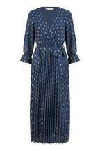 Yumi Navy Foil Printed Pleated Wrap Midi Dress