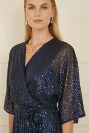Yumi Navy Sequin Kimono Midi Wrap Dress